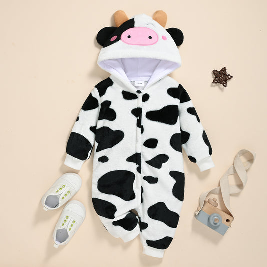 Baby Cow Fluffy Long Leg Hooded Romper