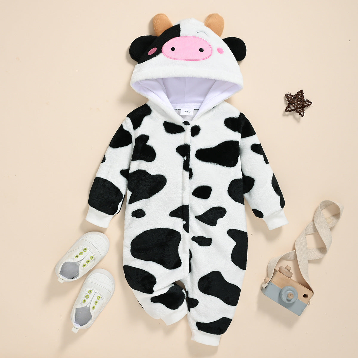 Baby Cow Fluffy Long Leg Hooded Romper