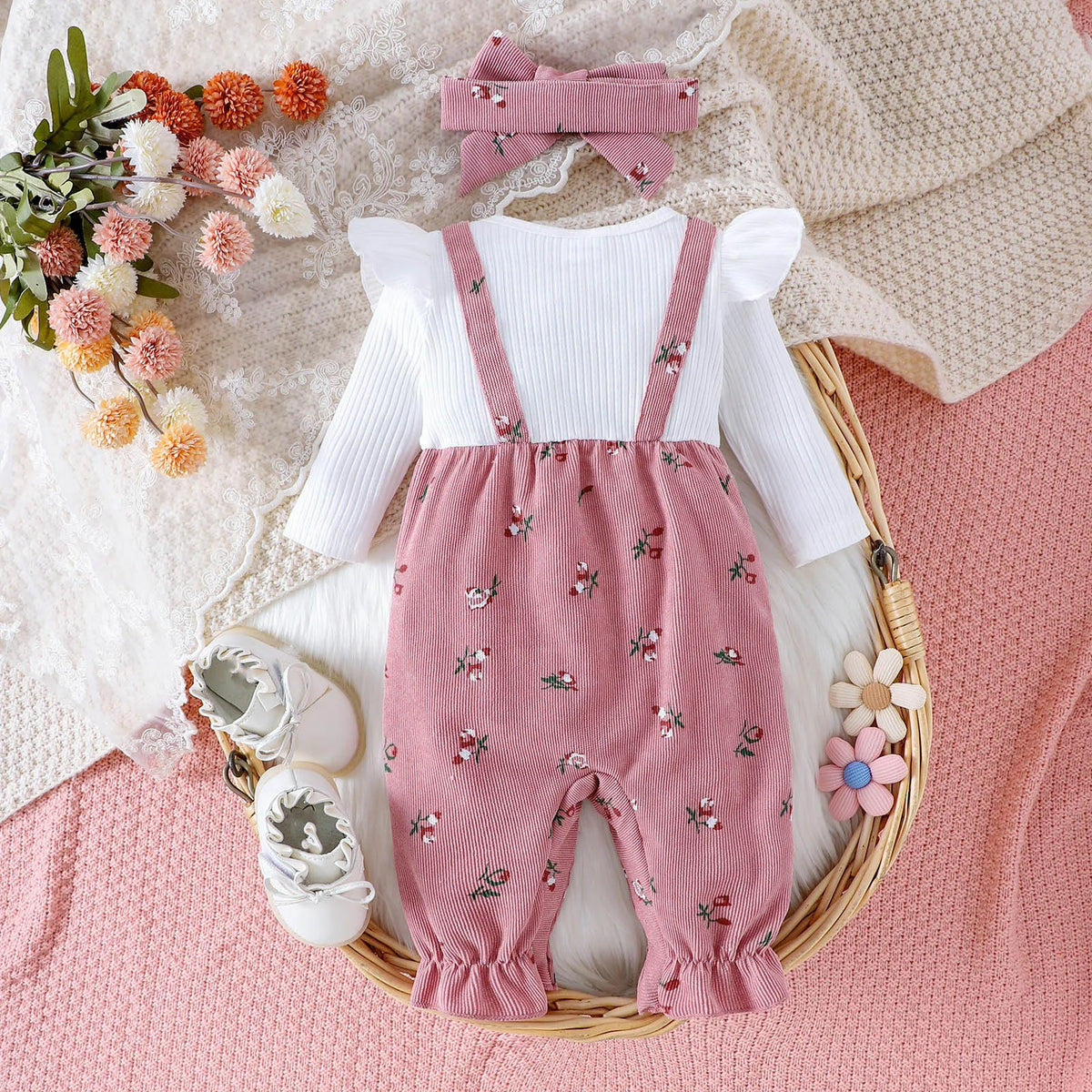 Floral Bow Overall Three Piece Set