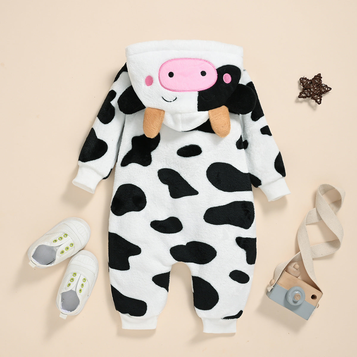Baby Cow Fluffy Long Leg Hooded Romper